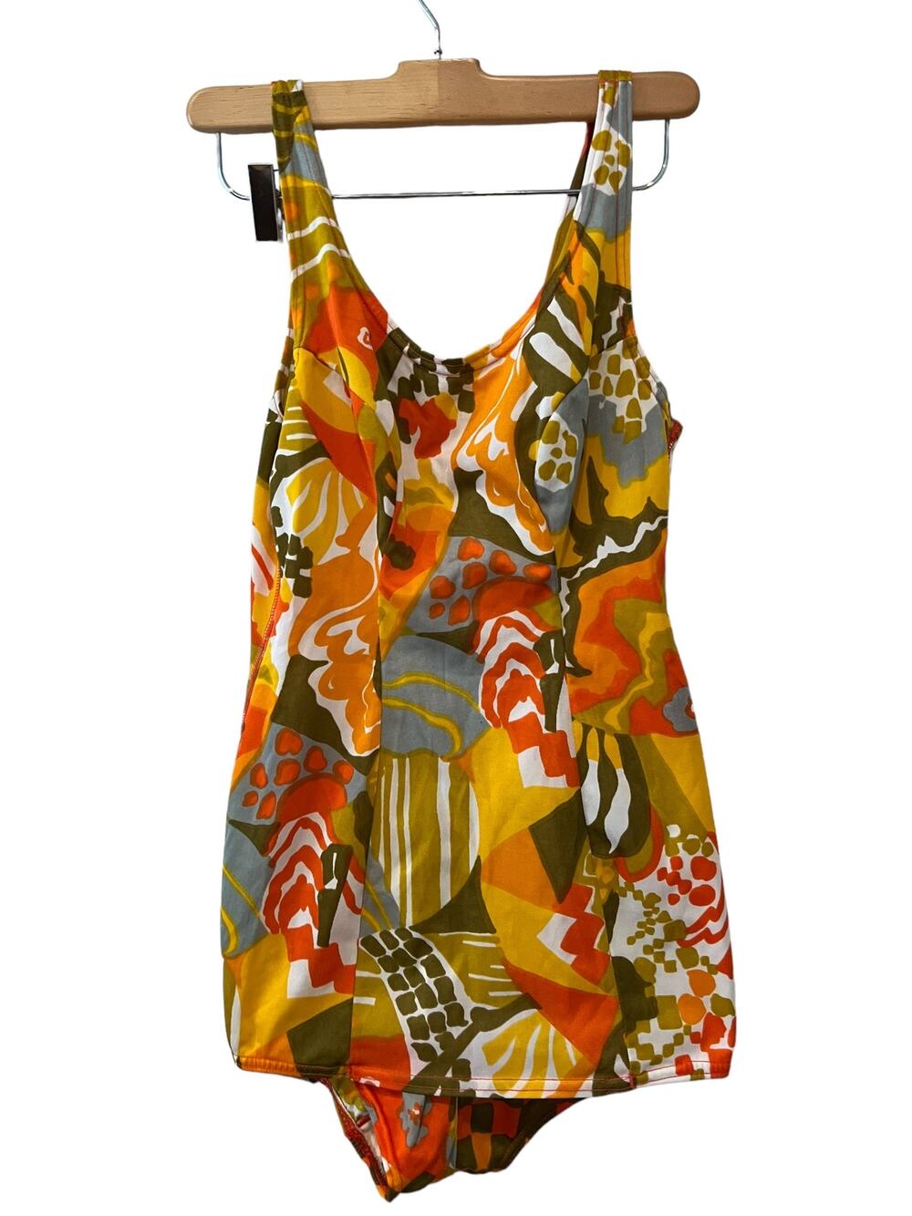 Vintage 60s Dolfin Mod Modest Pinup One Piece Bathing Suit Orange Avocado Green